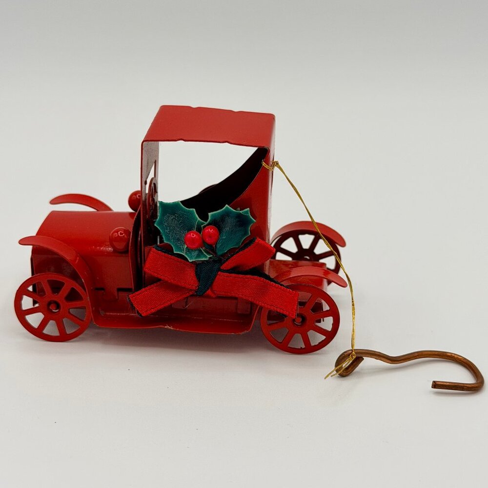 VTG Red Metal Car Ornament - Tin Lizzie with Holly & Bow - Christmas Farmhouse